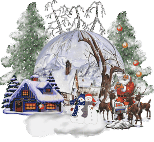 Анимированная открытка Дедушка мороз с оленями, снеговики и заснеженный домик