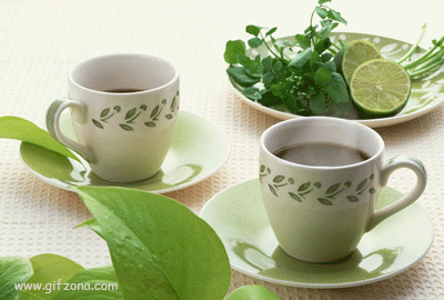 Анимированная открытка Две чашки кофе зеленый чай