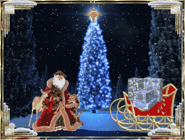 Анимированная открытка Дед мороз, елка, сани, олени.
