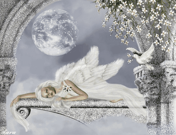 Анимированная открытка Девушка с крыльями ангела, голубь, серебряная луна