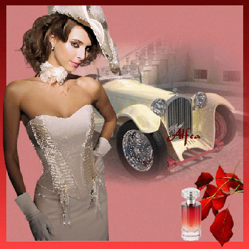 Анимированная открытка Женщина, автомобиль, флакон духов, цветы
