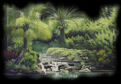 Анимированная открытка Пальмы, ручей, стекающий по камням, много зелени