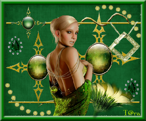 Анимированная открытка В зеленой рамке на зеленом фоне блондинка в зеленой накидке оглядывается