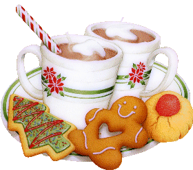 Анимированная открытка Две кружки кофе на блюдечке с пряниками