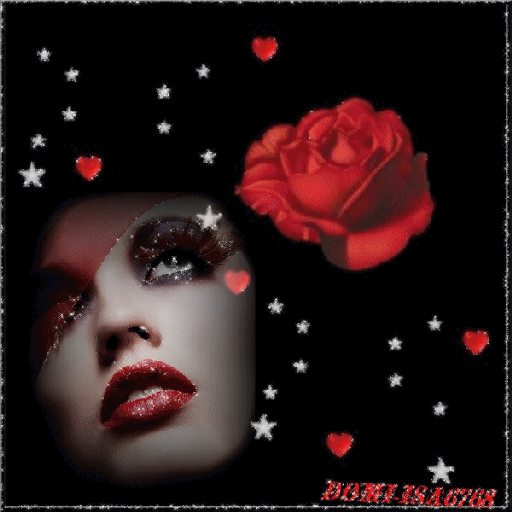 Анимированная открытка Лицо девушки с ярким макияжом, крупная красная роза, мелкие сердечки, звездочки