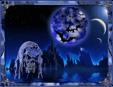 Анимированная открытка Череп на фоне ночного неба