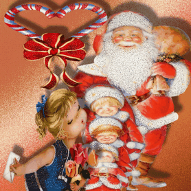 Анимированная открытка Девочка с письмом, дети в костюмах санта клауса, сам санта клаус с мешком