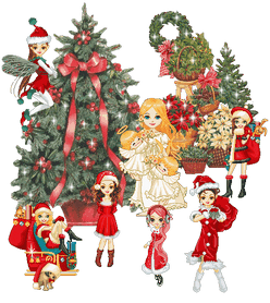 Анимированная открытка Новогодние ёлки рядом женские персонажи в нарядах деда мороза