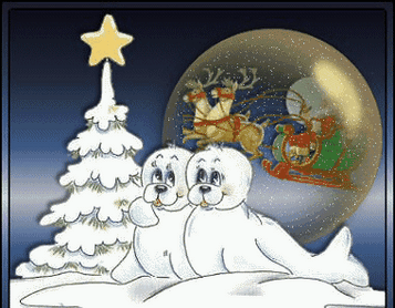 Анимированная открытка Два тюленя у елки с новогодним шаром