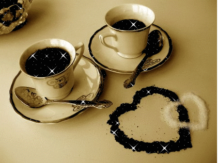 Анимированная открытка Две чашки кофе на блюдечках и сердечки