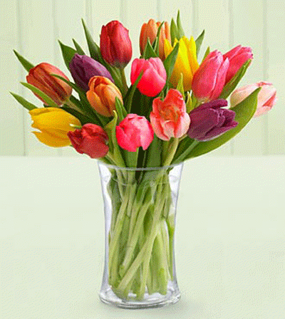 Открытка Разноцветные тюльпаны в стеклянной вазе