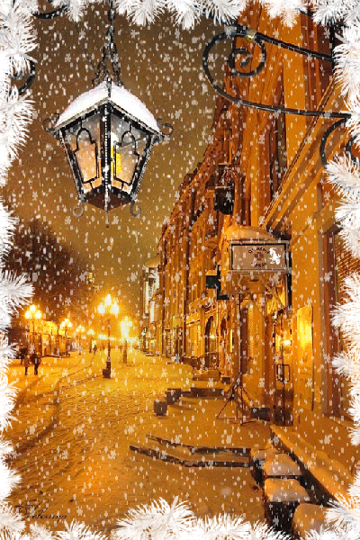 Анимированная открытка Текста нет, на картинке ночная улица и снег.