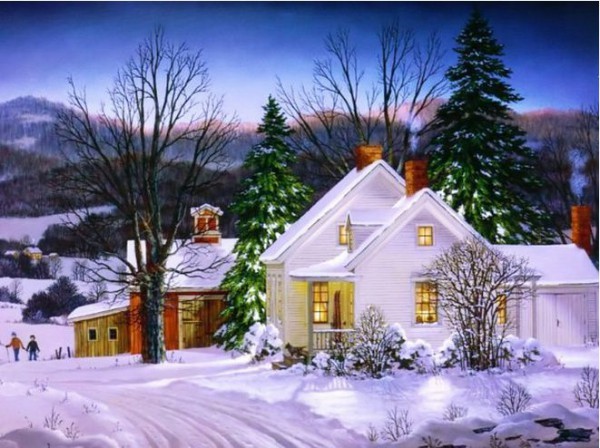 Открытка Зимний пейзаж с заснеженными домиками