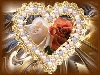 Анимированная открытка Розы в рамочке в виде сердечка из жемчуга.