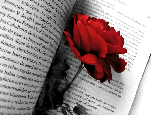 Анимированная открытка Роза, скрипка, бокал вина, книга.