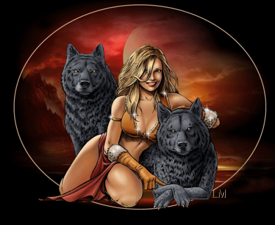 Анимированная открытка Женщина волки волки анимация