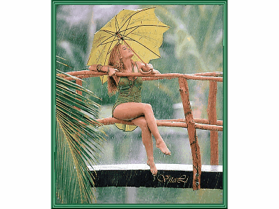 Анимированная открытка Девушка с зонтиком на мостике