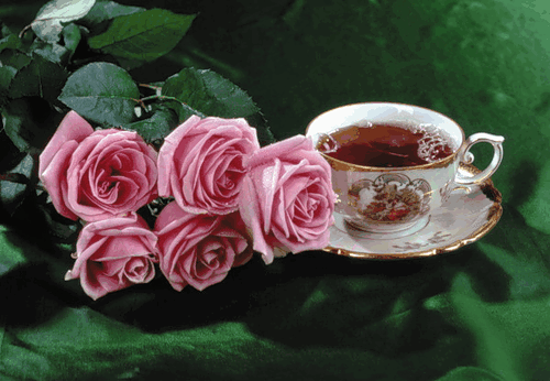Анимированная открытка Чай и розы хорошего дня и отличного настроения