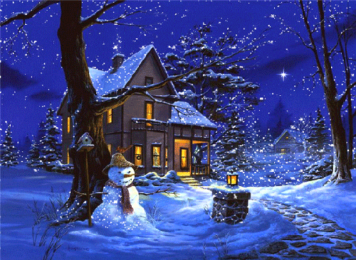 Анимированная открытка Дом, дерево, снеговик