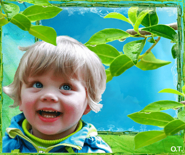 Анимированная открытка Ребёнок изображён и листья дерева на ветке