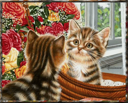 Анимированная открытка Изображёны два котёнка, букет роз