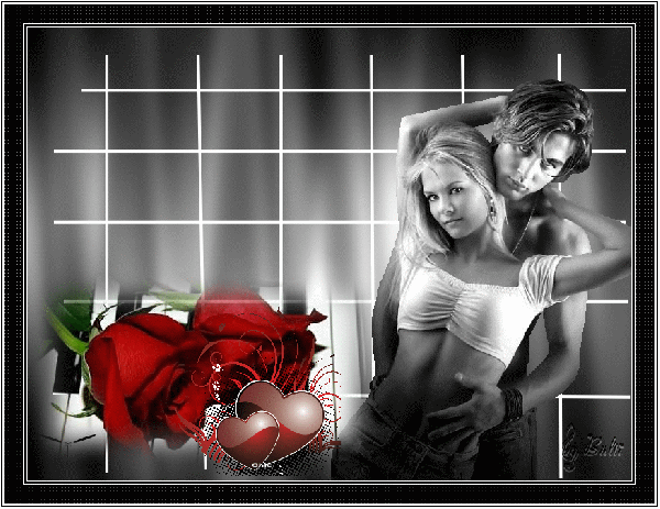 Анимированная открытка Две красные розы, два сердца и парень обнимает девушку.
