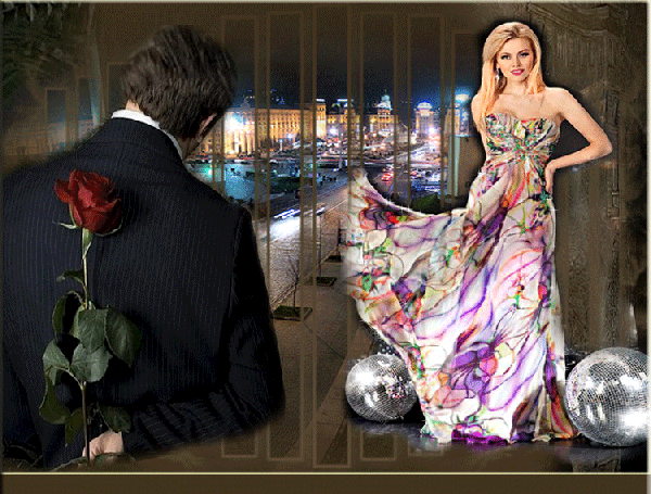 Анимированная открытка Мужчина с розой за спиной и красивая женщина