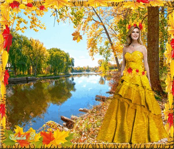 Анимированная открытка Осень девушка Возле пруда