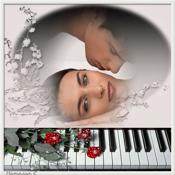 Анимированная открытка Парень, девушка, розы, пианино