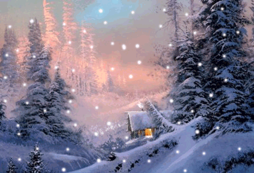 Анимированная открытка Домик в лесу зимняя сказка