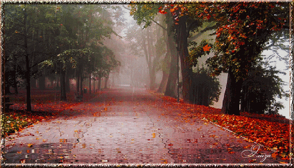Анимированная открытка Осеняя дождливая погода, листопад из красных листьев