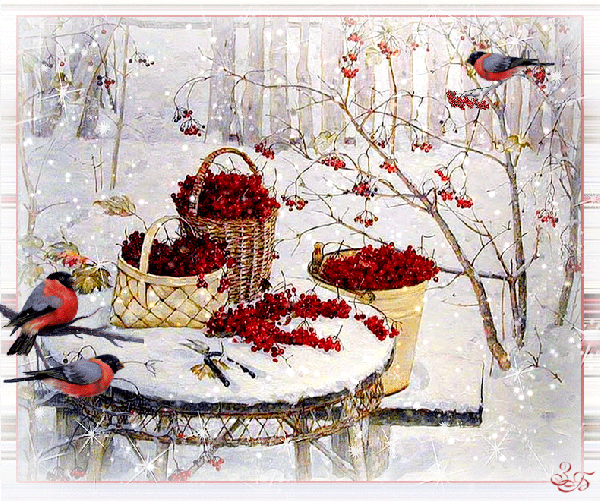 Анимированная открытка Снегири и корзины с рябиной