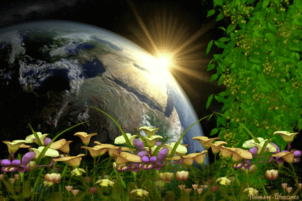 Анимированная открытка Планета, солнце, трава, цветы