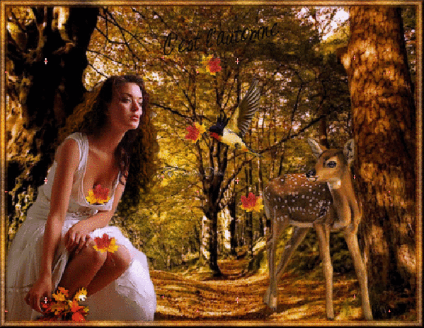 Анимированная открытка Девушка и олененок на фоне осеннего леса.