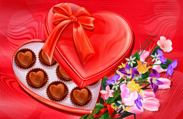 Анимированная открытка Коробка конфет в виде сердец
