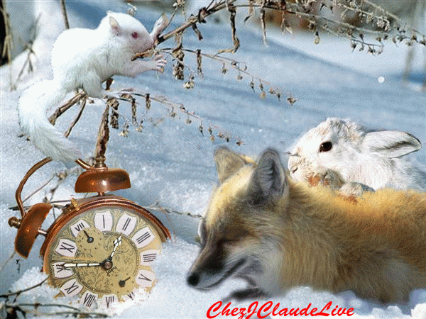 Анимированная открытка Часы, белка, лиса и заец