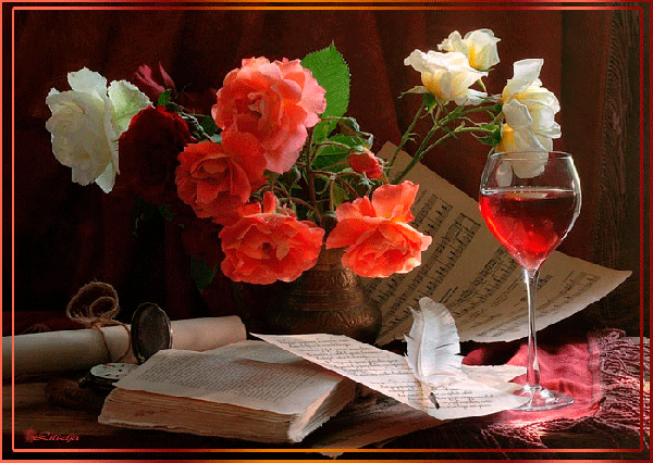 Анимированная открытка Цветы и бокал вина