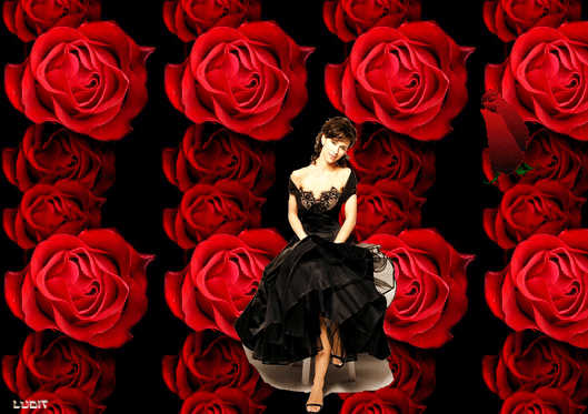 Анимированная открытка Девушка на фоне цветов в черном вечернем платье