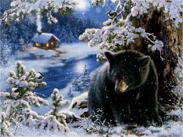 Анимированная открытка Медведь сказочный зимний лес