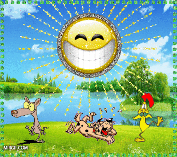 Анимированная открытка Солнце, озеро, трава, деревья, собаки, цыплёнок.