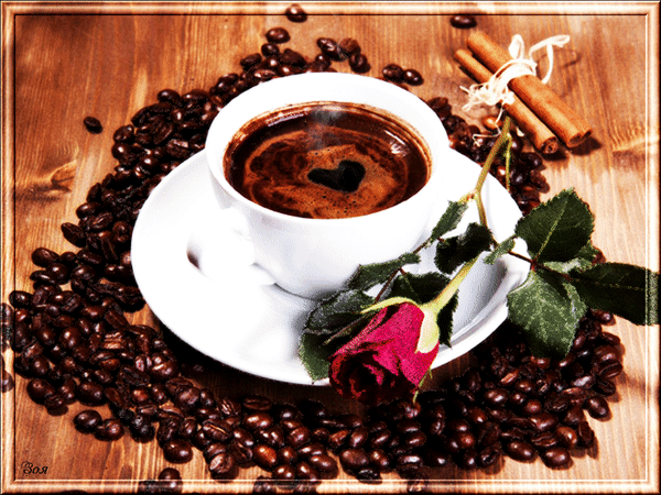 Анимированная открытка Чашка кофе и роза.