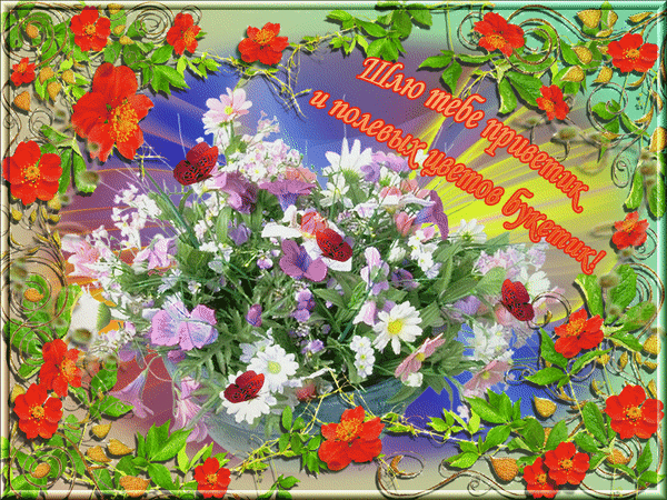 Анимированная открытка Привет и полевых цветов букет!