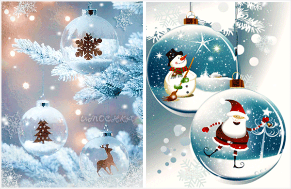 Анимированная открытка елочные шары, елка, новый год, снеговик, дед мороз