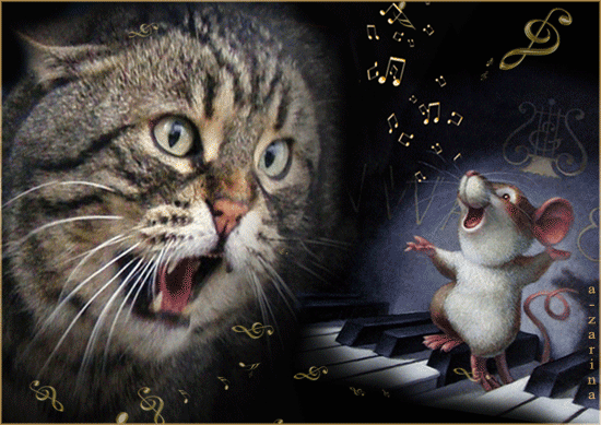 Анимированная открытка Кот, мышь и пение