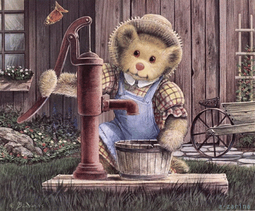 Анимированная открытка Медвежонок у колонки