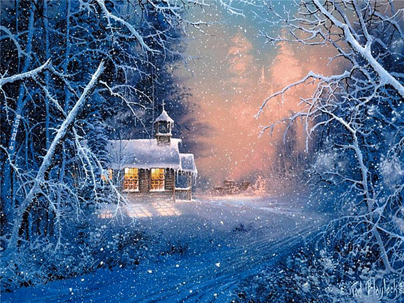 Анимированная открытка Часовня в зимнем лесу