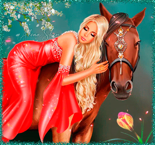 Анимированная открытка девушка на лошади и внизу - цветок с бабочкой