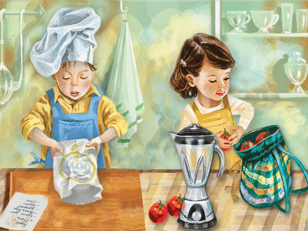 Анимированная открытка Мальчик и девочка на кухне...