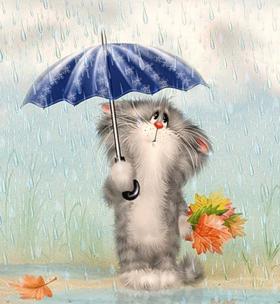 Анимированная открытка Кот под зонтиком