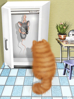 Анимированная открытка Кот холодильник мышь повесилась